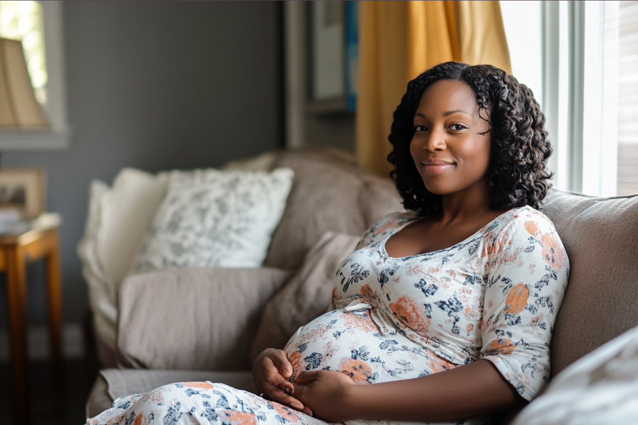 Une femme enceinte sur un canapé | Source : Midjourney