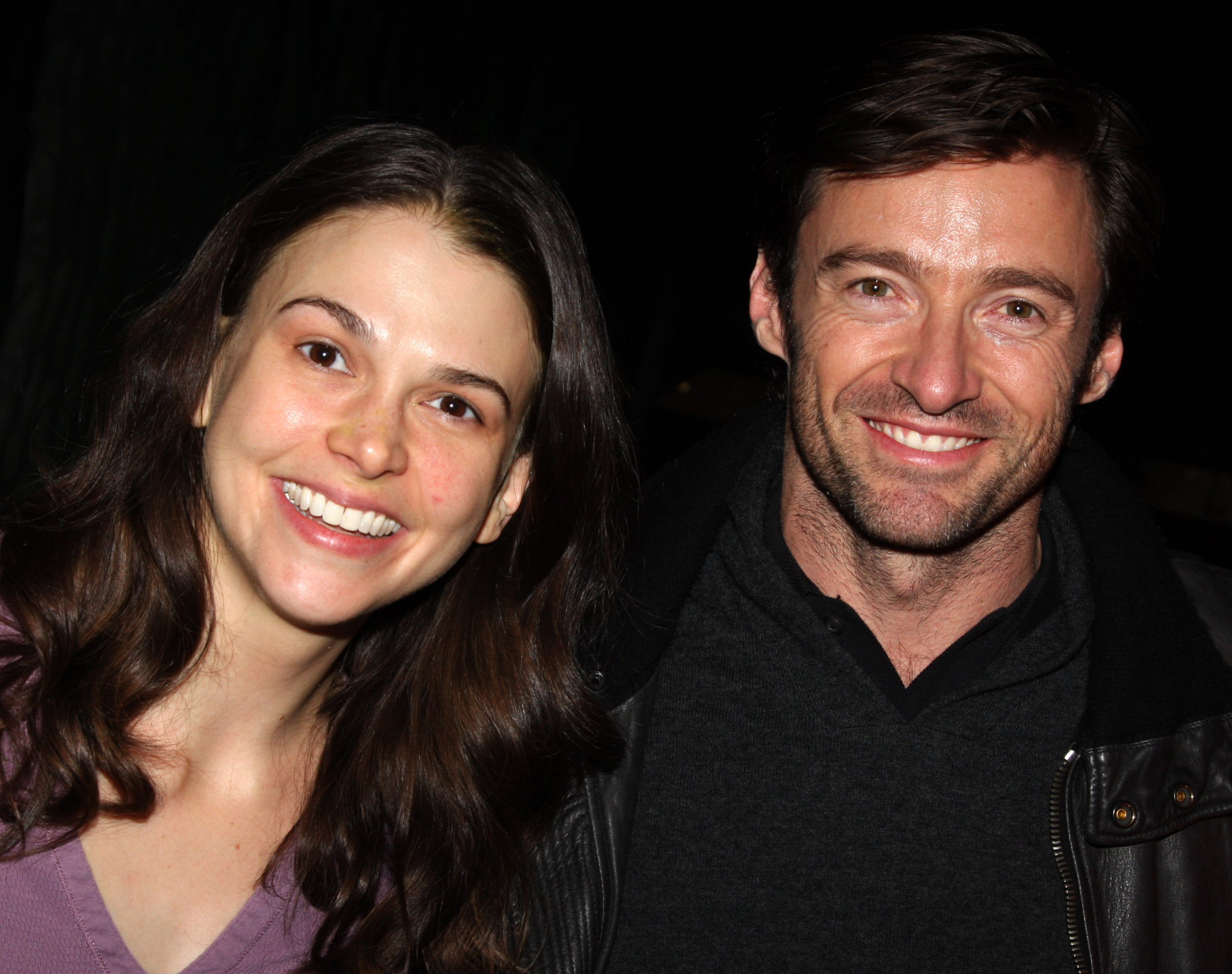 Sutton Foster and Hugh Jackman pose backstage at "Shrek" on Broadway at The Broadway Theater in New York City on December 20, 2008. | Source: Getty Images