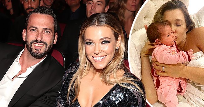Rachel Platten and spouse Kevin Lazan attend the 2016 American Music Awards at Microsoft Theater on November 20, 2016 in Los Angeles, California (left) and Platten snuggling up to her newborn daughter Sophie (right) | Photo: Getty Images and Instagram/@rachelplatten