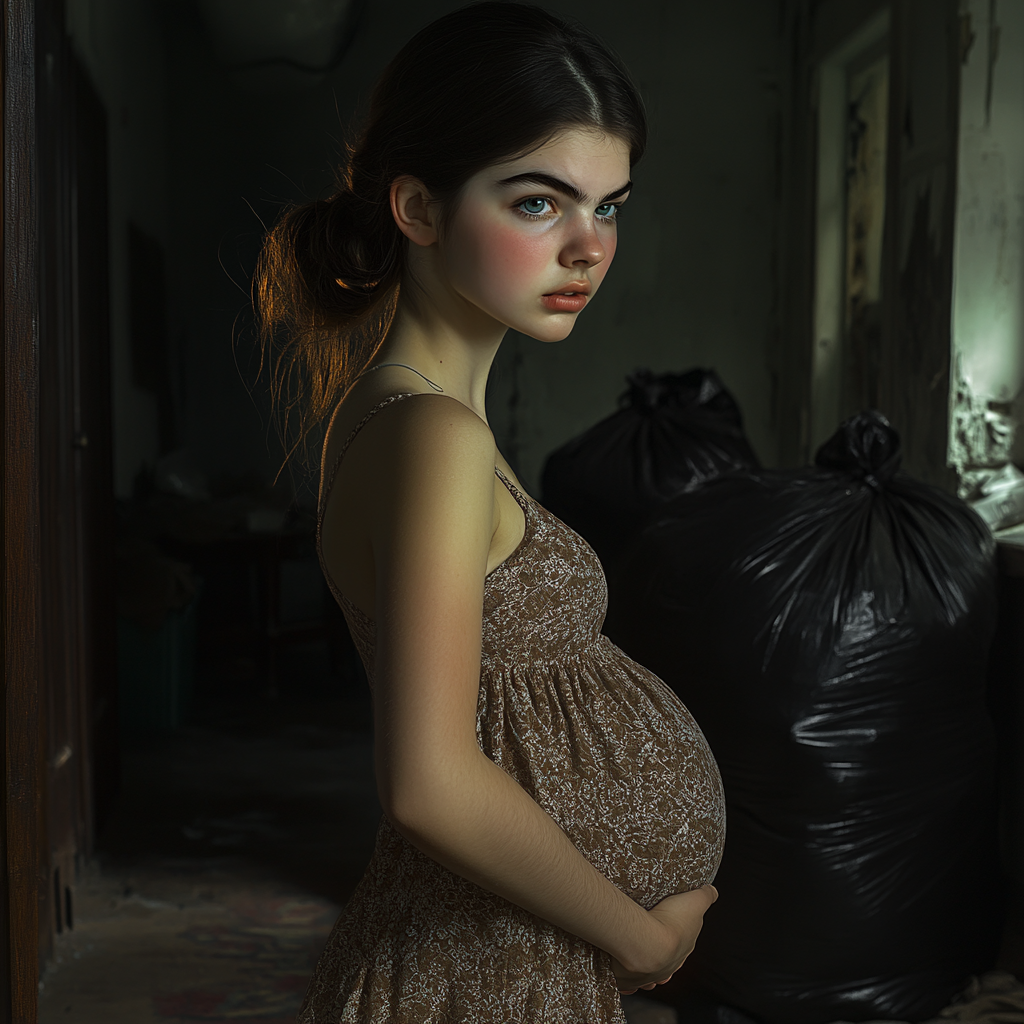 An alarmed pregnant woman standing against the backdrop of trash bags in a basement | Source: Midjourney