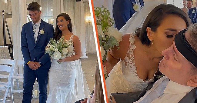 Nicole Kopsidas with her brother walking her down the aisle [left], Nicole Kopsidas kissing her father on her wedding day [right]| Photo:  tiktok.com/@nicolekopsidas 