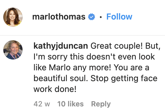 A fan's comment on Marlo Thomas' Instagram post of herself and her husband, Phil Donahue, in Bermuda on June 3, 2022 | Source: Instagram/marlothomas