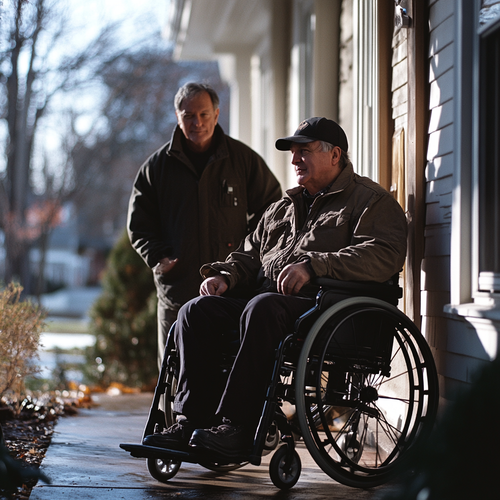 A man standing next to his friend who is in a wheelchair | Source: Midjourney