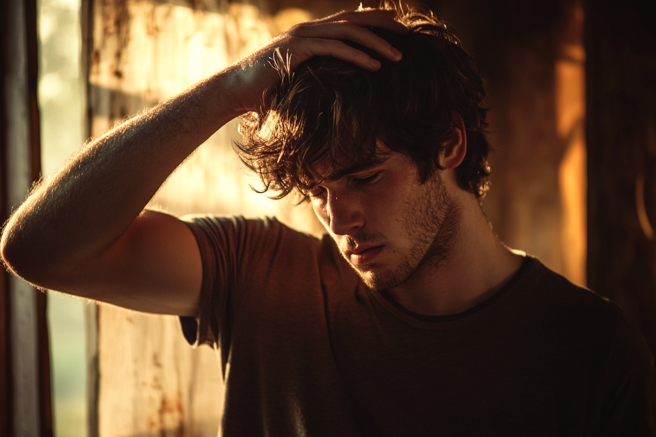 A distressed man running his hand through his hair | Source: Midjourney