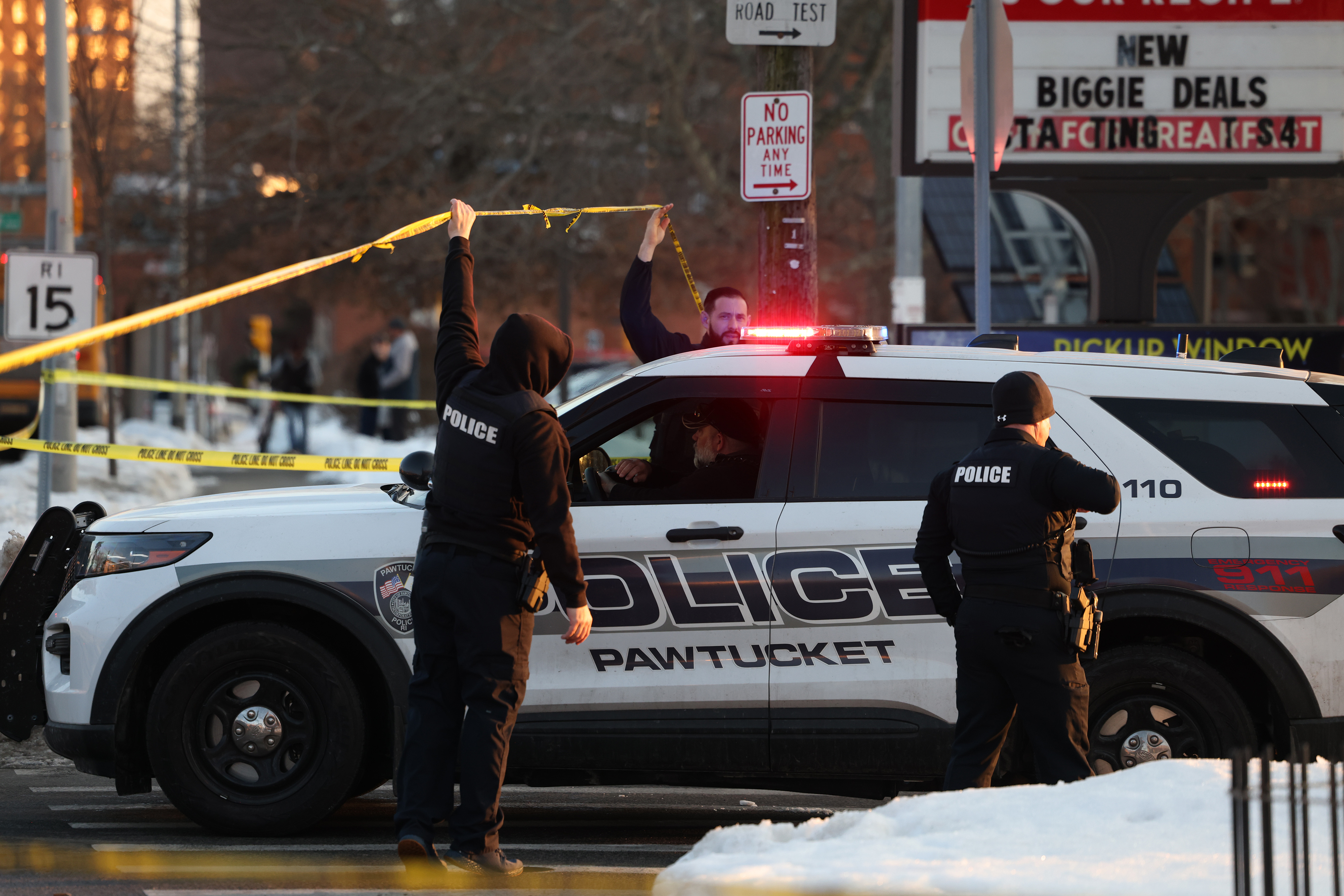 Police secure the scene outside Dennis M. Lynch Arena after a deadly shooting during a youth hockey game on February 16, 2026 | Source: Getty Images
