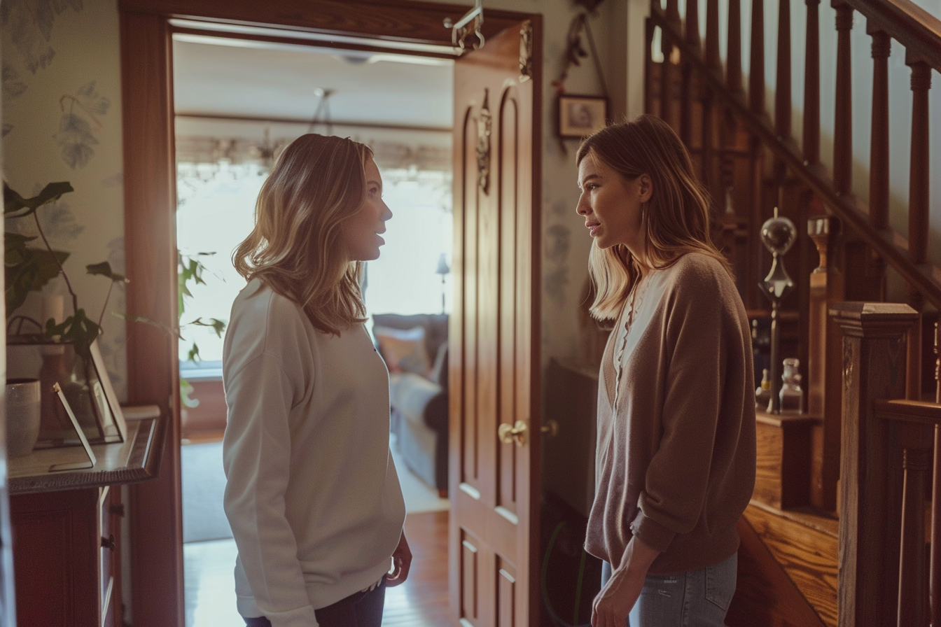 Two women speaking in a hallway | Source: Midjourney