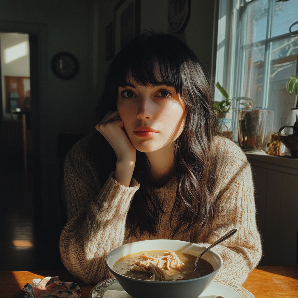 A woman sitting at a table | Source: Midjourney