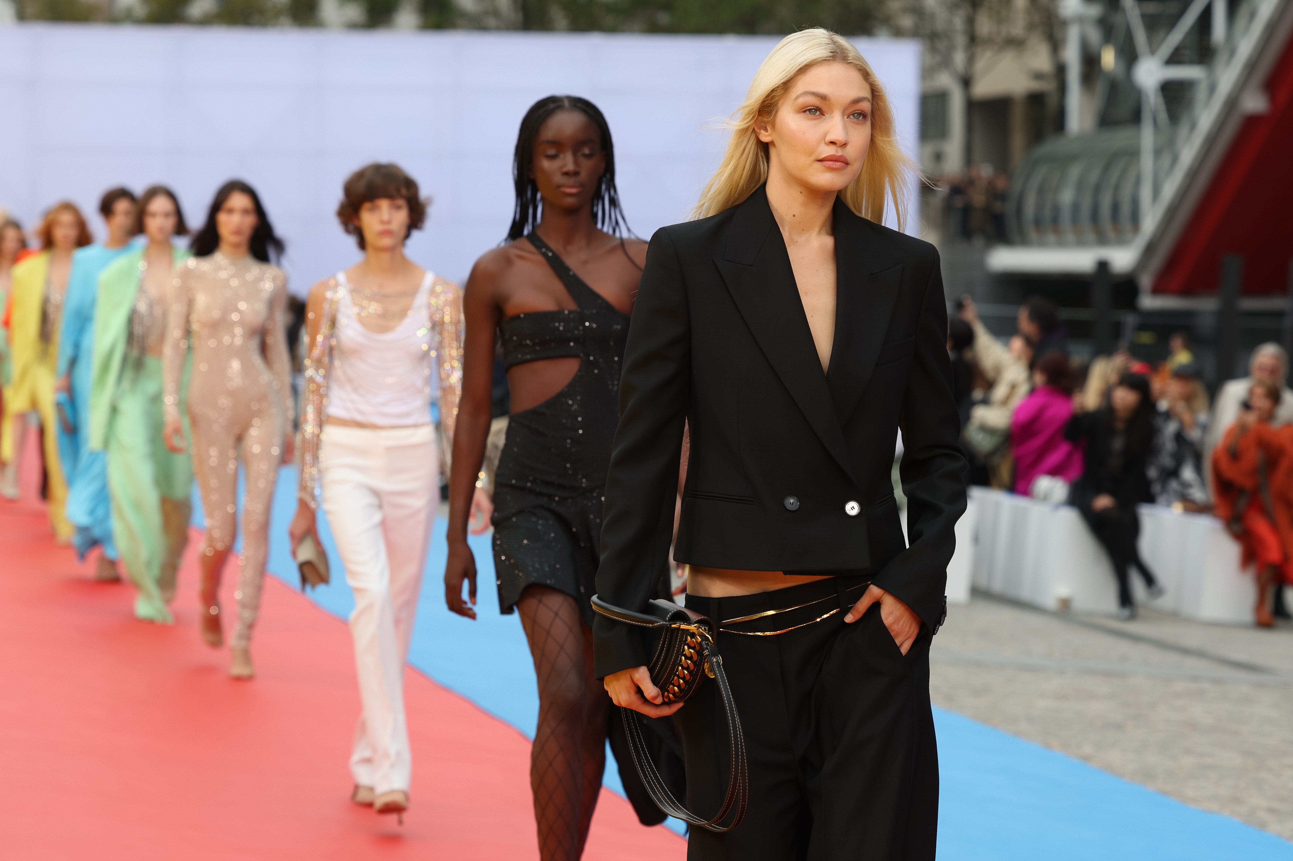 Gigi Hadid and models walk the runway during the Stella McCartney Womenswear Spring/Summer 2023 show as part of Paris Fashion Week on October 3, 2022, in Paris, France. | Source: Getty Images