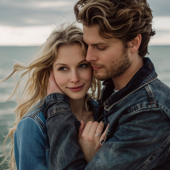 A couple hugging on a lakeside | Source: Midjourney