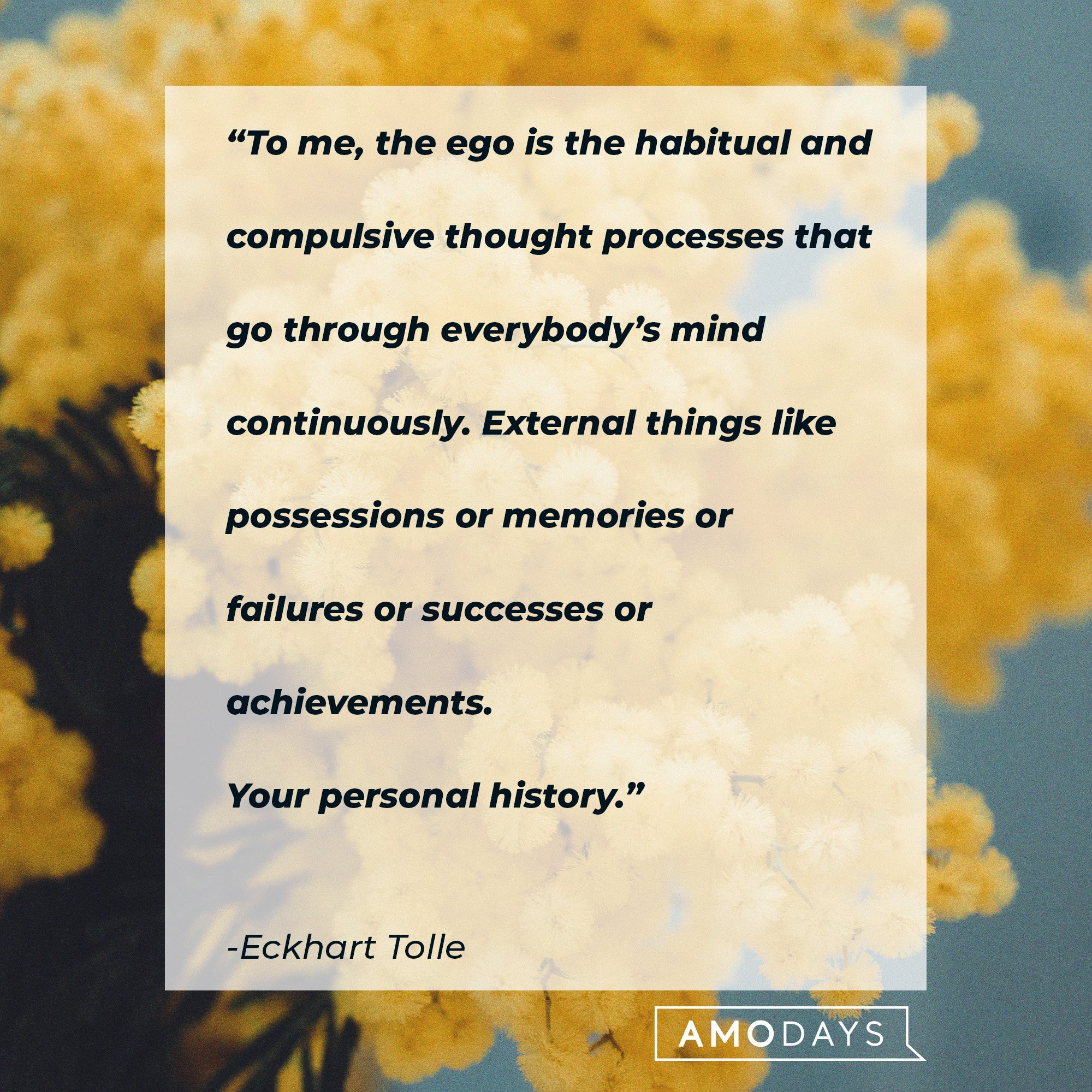  Eckhart Tolle's quote: “To me, the ego is the habitual and compulsive thought processes that go through everybody’s mind continuously. External things like possessions or memories or failures or successes or achievements. Your personal history.” | Image: AmoDays
