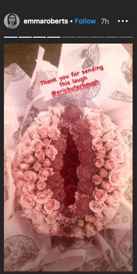 Emma Roberts shares a photo of a flower gifted to her during her baby shower, on her Instagram story | Instagram/@emmaroberts