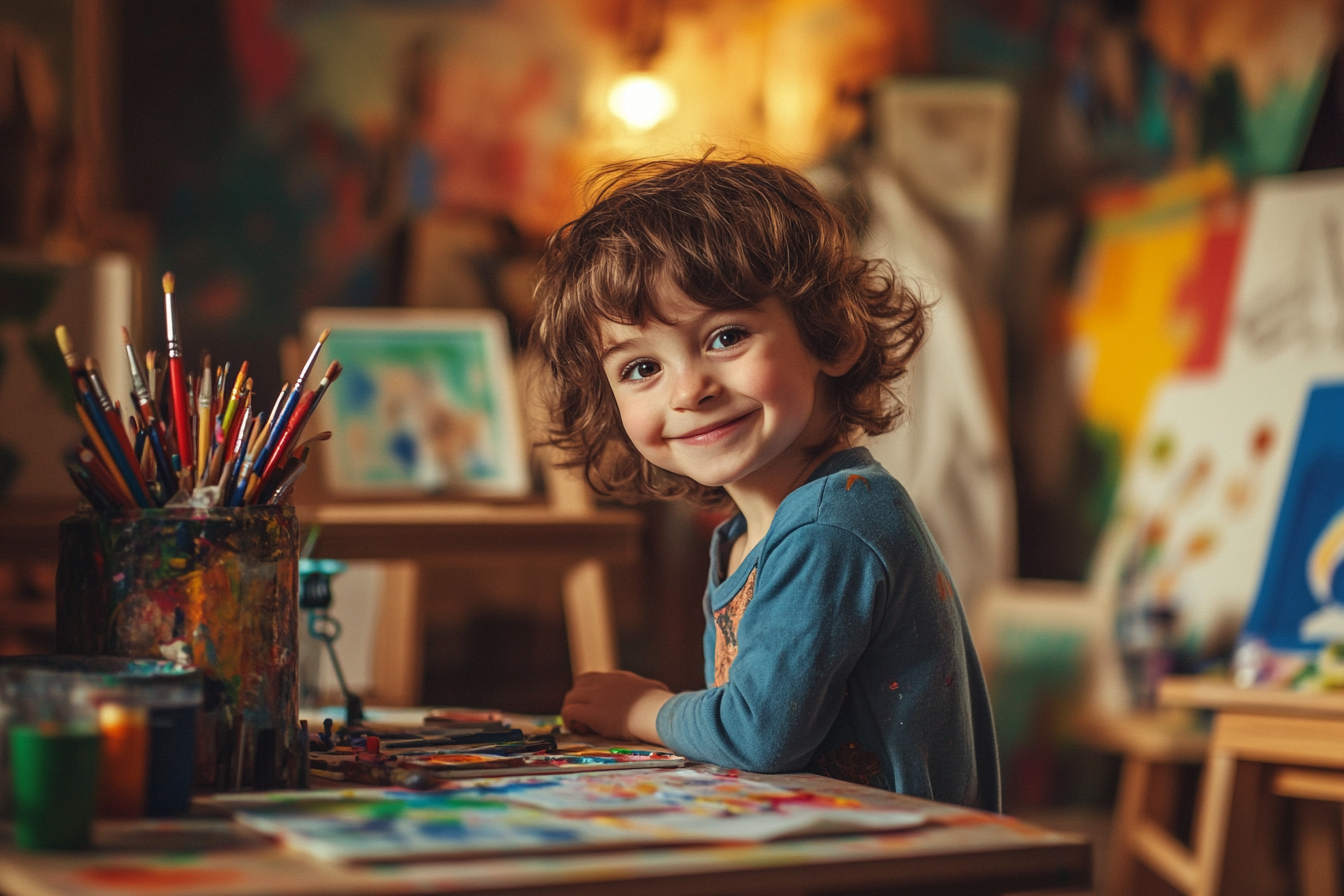 A child sitting with art supplies | Source: Midjourney