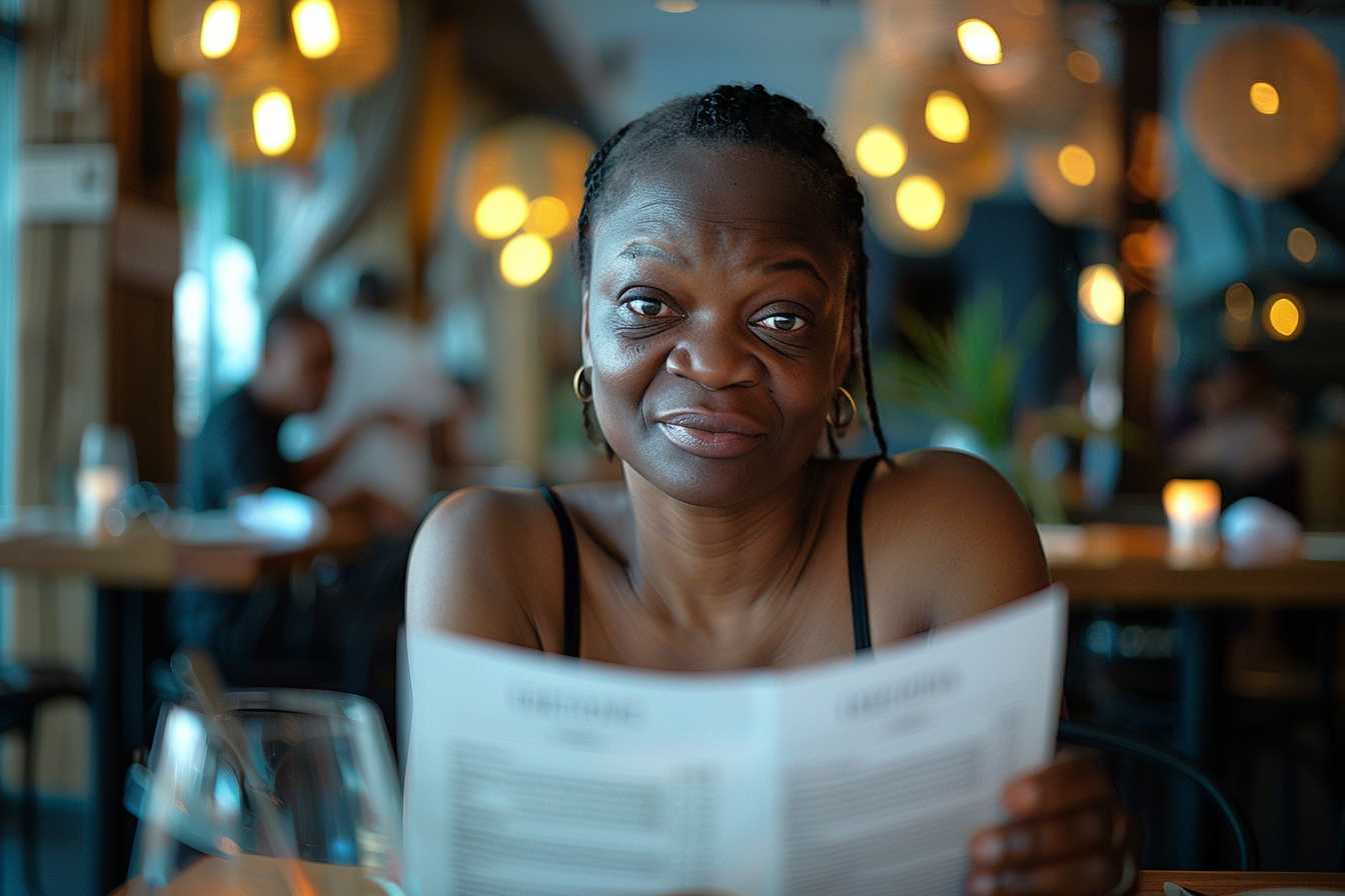 An upset woman at a restaurant | Source: Midjourney