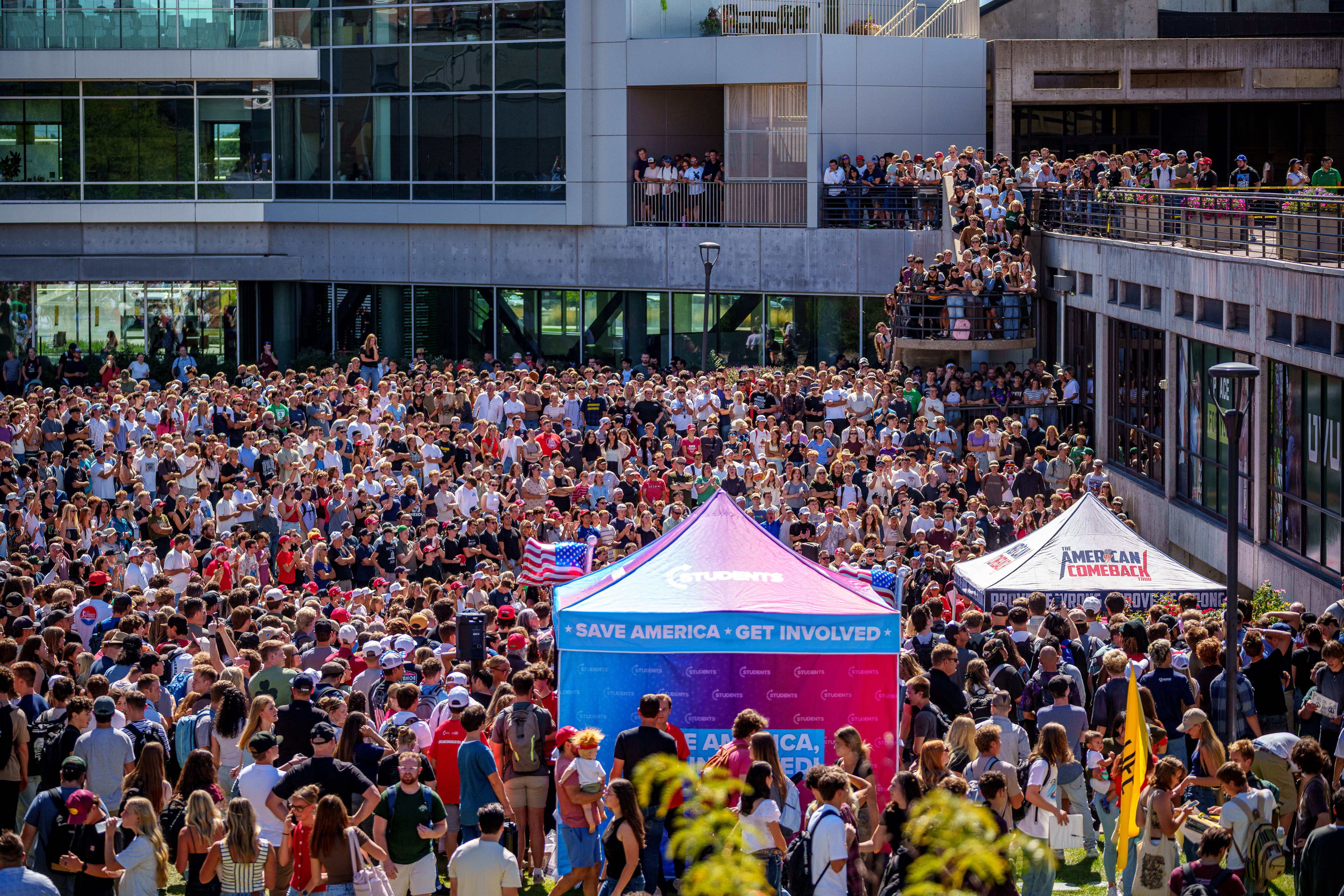 A large crowd gathers to watch Charlie Kirk speak at Utah Valley University on September 10, 2025 | Source: Getty Images
