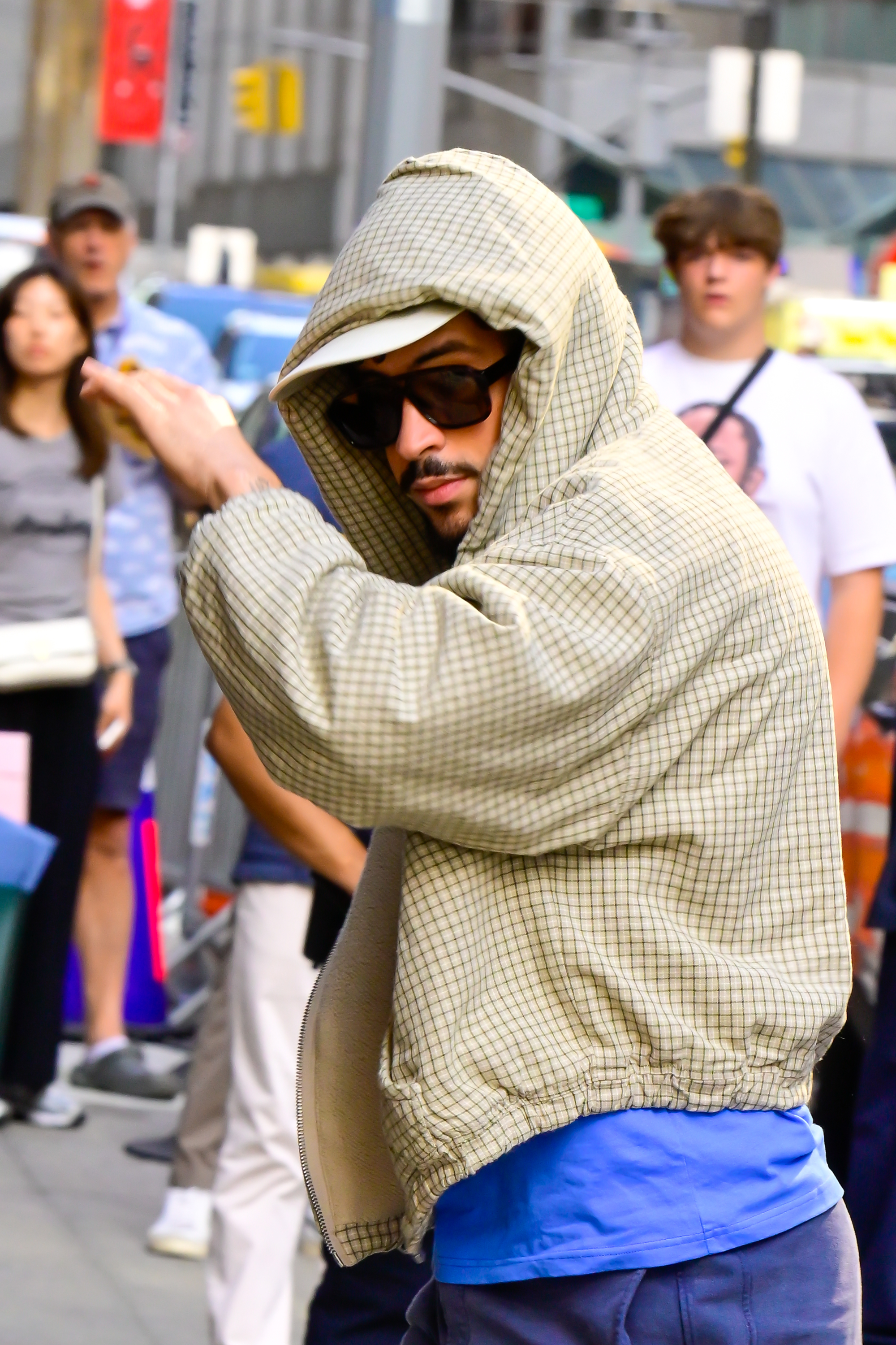 Bad Bunny is seen outside "The Late Show With Stephen Colbert" in New York City on July 22, 2025. | Source: Getty Images