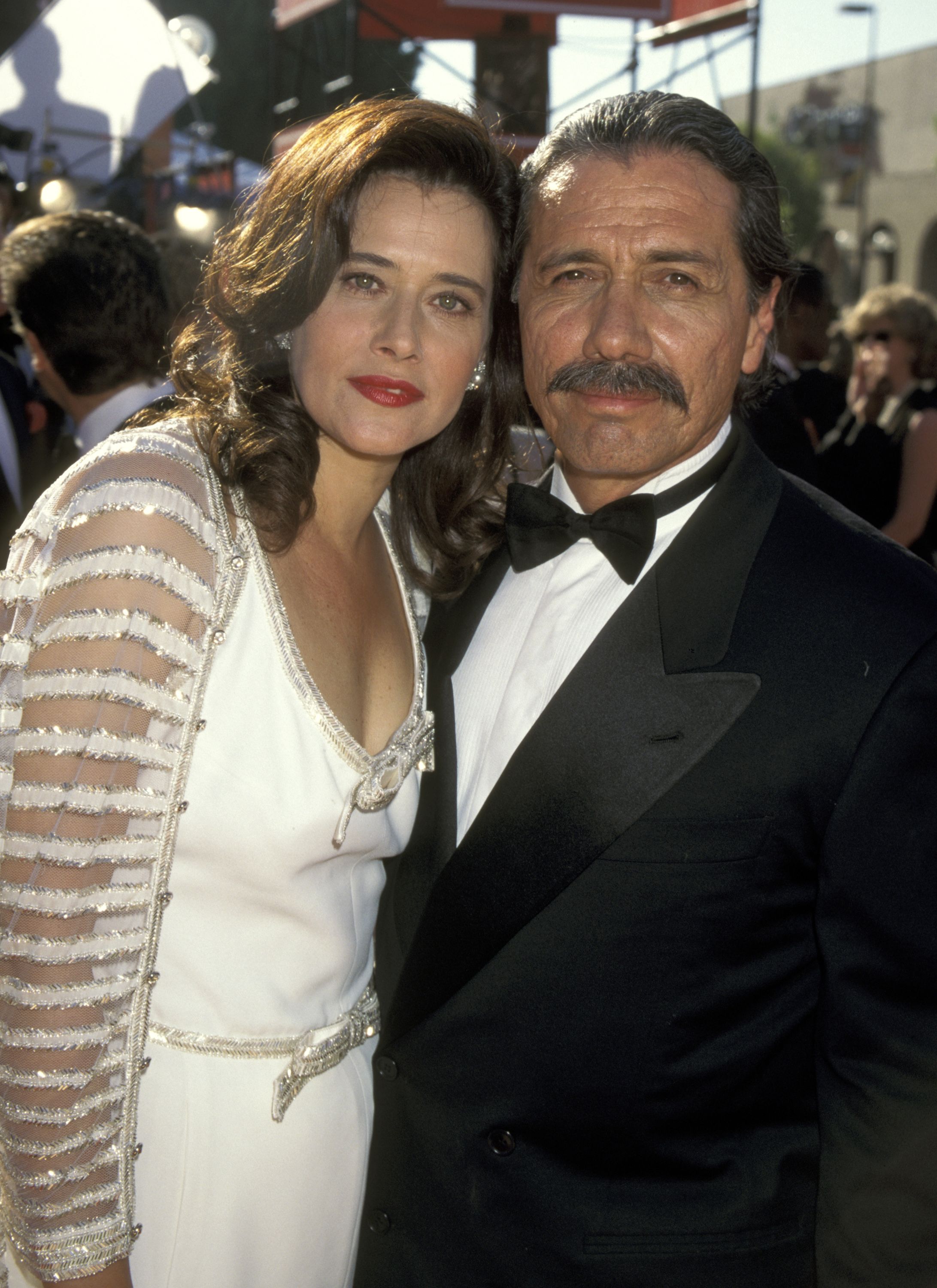 Lorraine Bracco and Edward James Olmos at the 47th Annual Primetime Emmy Awards in 1995 in Pasadena | Source: Getty Images 