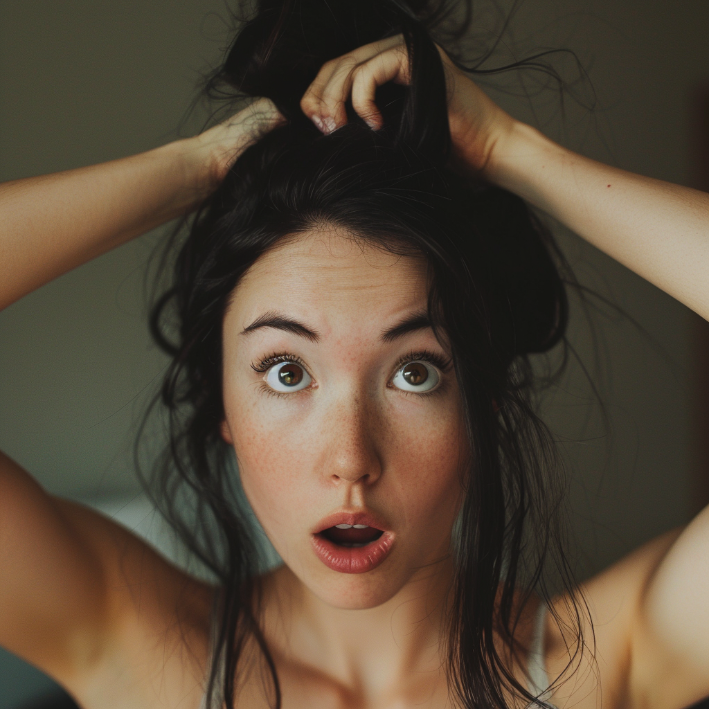 Woman holding her hair as she looks surprised | Source: Midjourney
