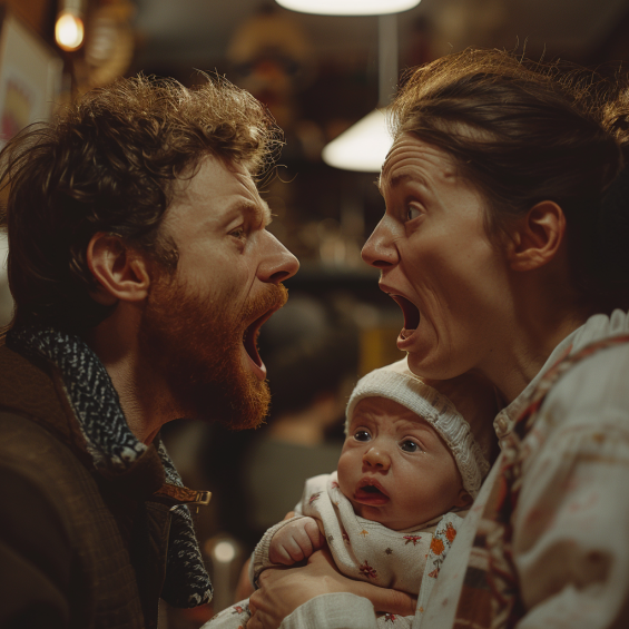 A man shouting at a shocked woman holding a baby | Source: Midjourney