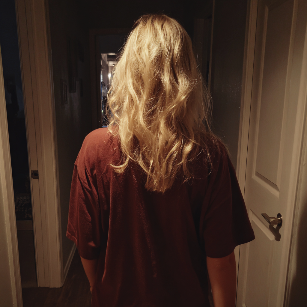 A woman walking down a hallway | Source: Midjourney