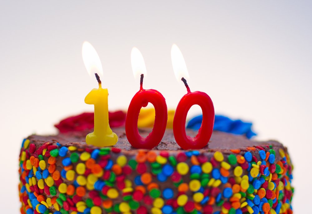 Nummer hundert Kerze auf einem Schokoladenkuchen entzündet | Quelle: Shutterstock