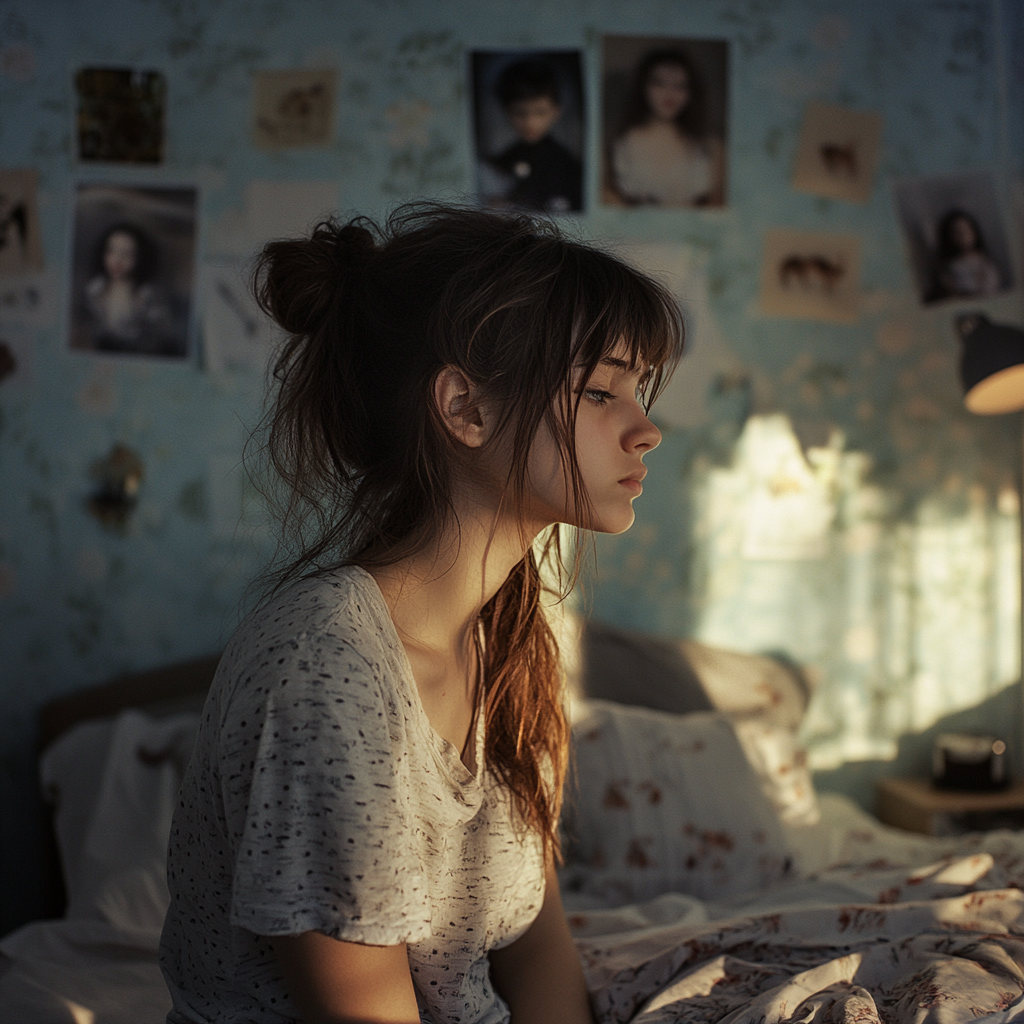 An upset girl in her bedroom | Source: Midjourney