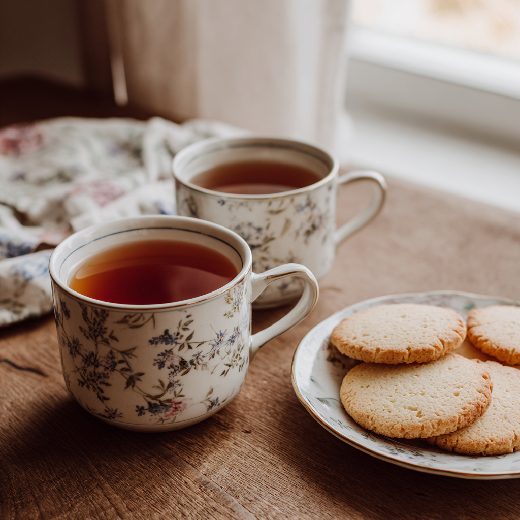 Cups of tea and a plate of cookies on a table | Source: Midjourney