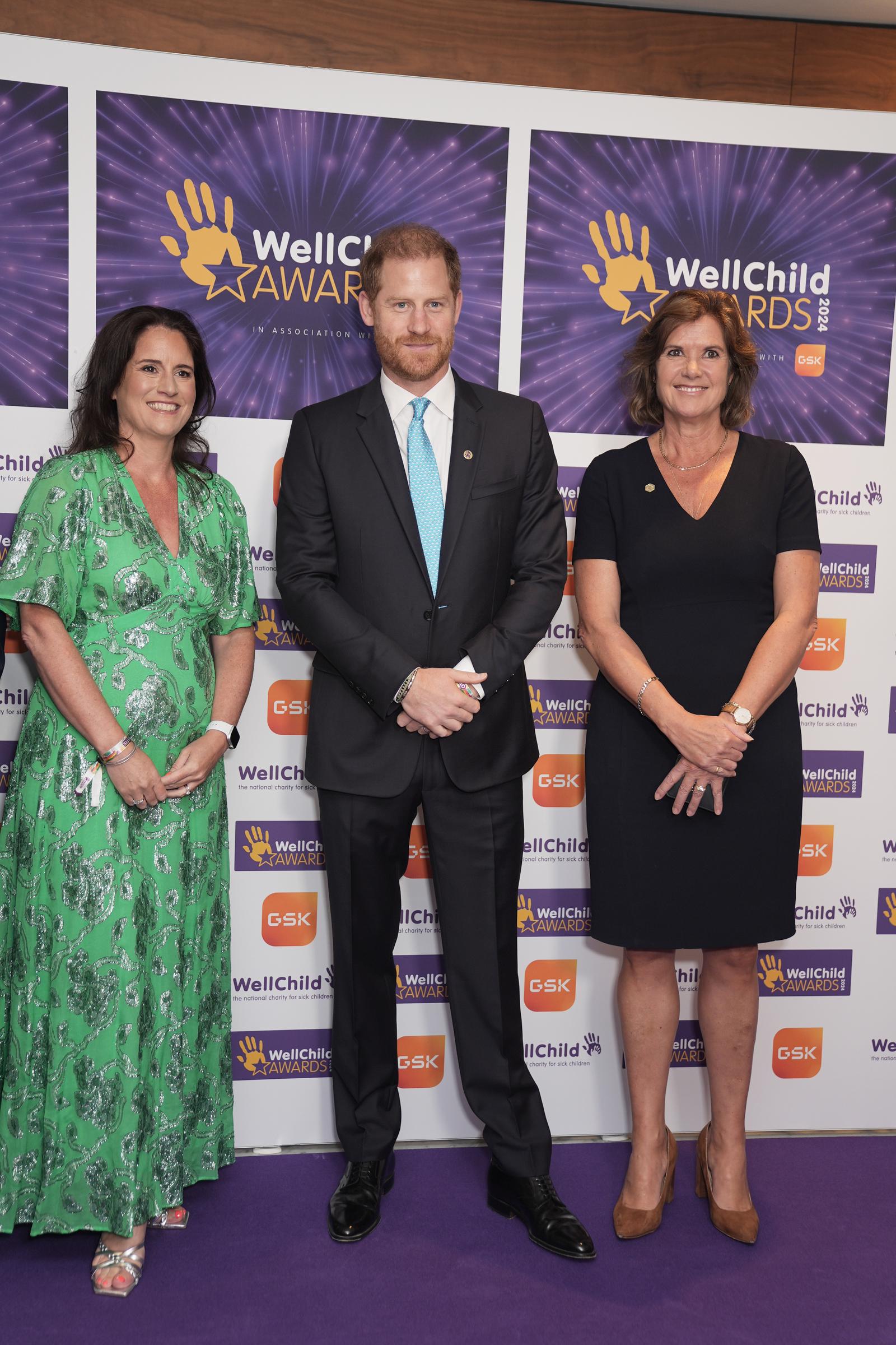 Sally Jackson (left), GSK, and Sally Beck with the Duke of Sussex, Patron of WellChild, at the Royal Lancaster in London, on September 30, 2024 | Source: Getty Images