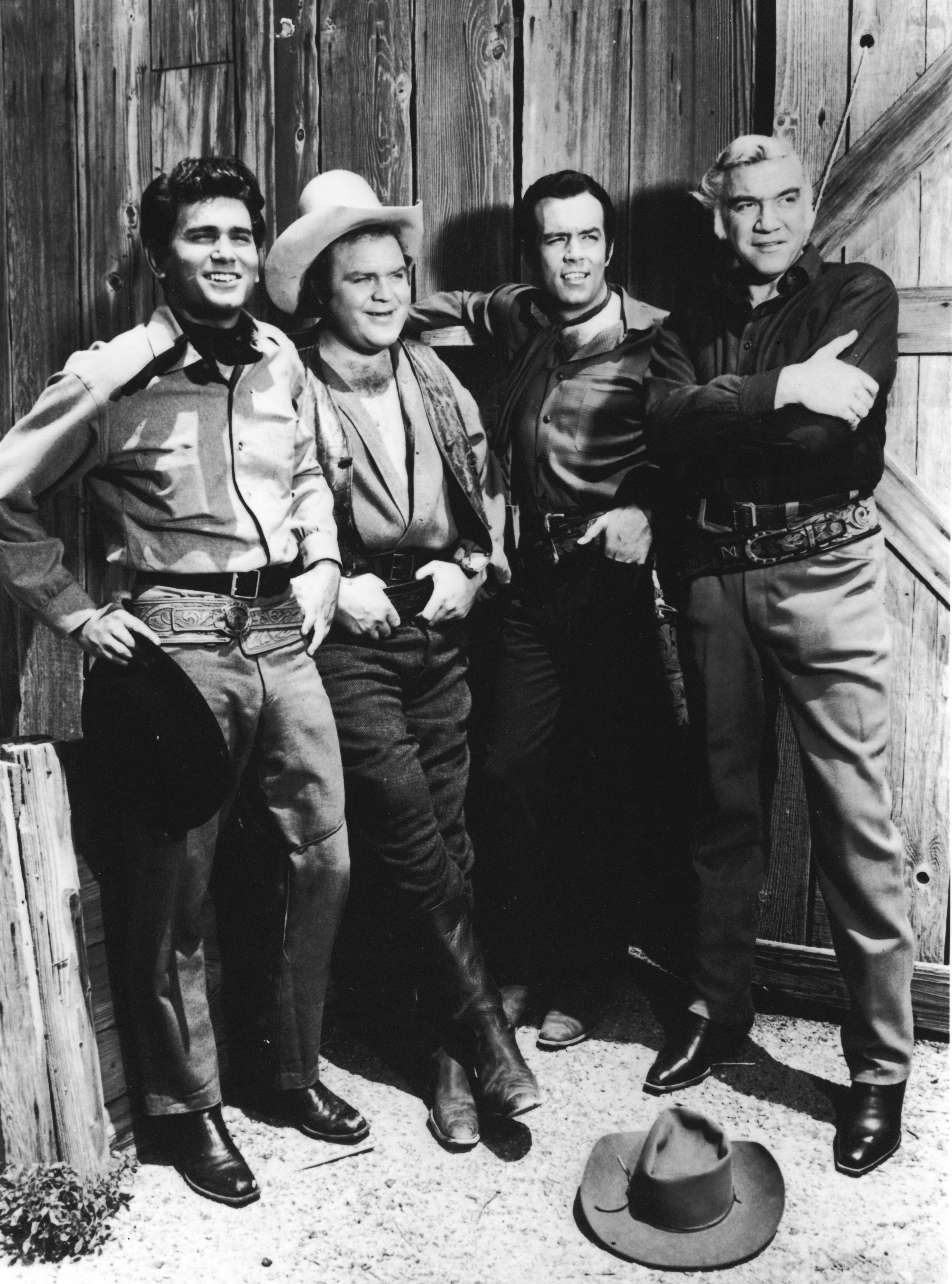 American actors Michael Landon, Dan Blocker, and Pernell Williams, and Canadian actor Lorne Green, for the television program, 'Bonanza,' in 1965. | Source: Paramount Pictures/Getty Images