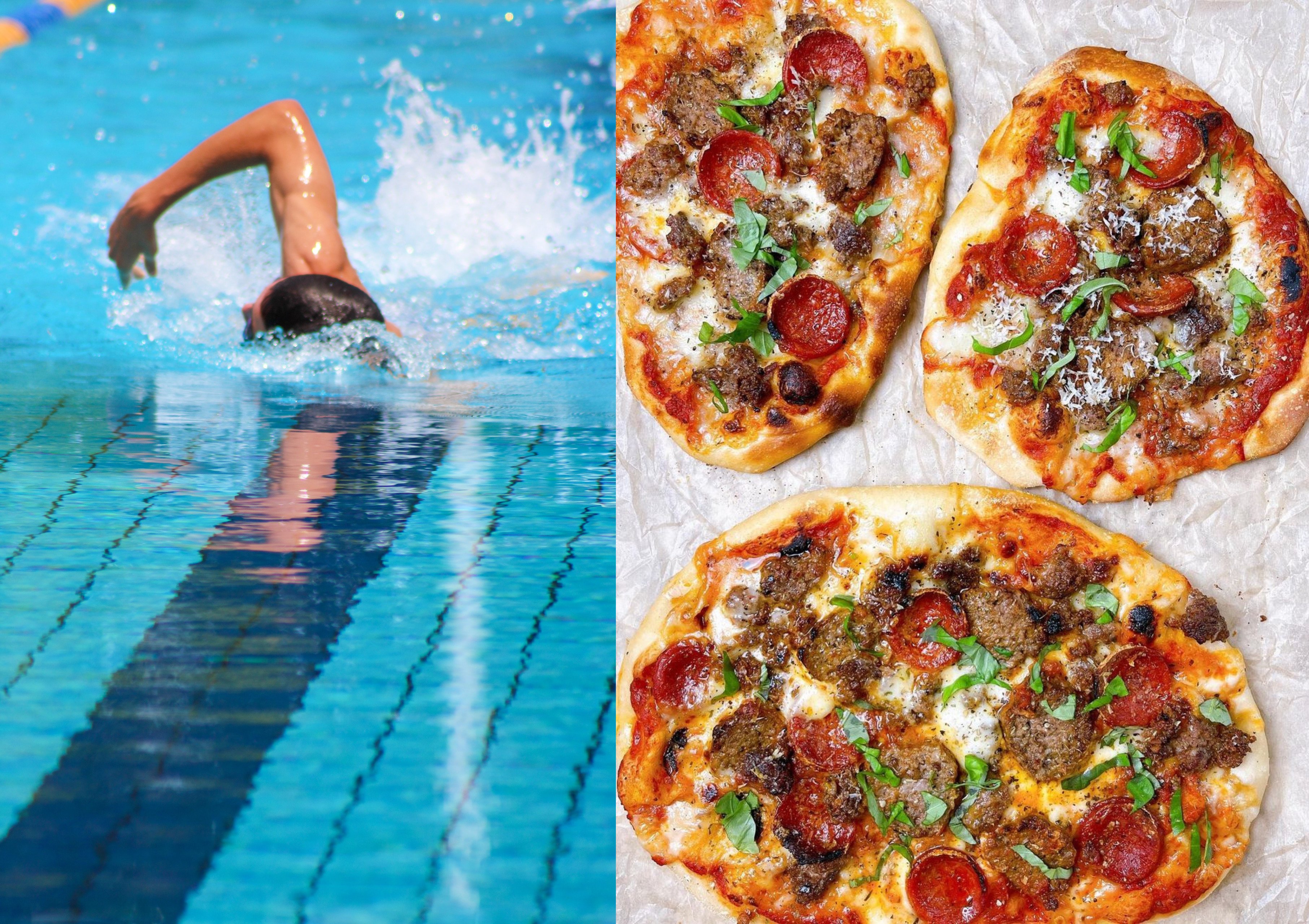 Swimmer in olympic pool alongside Meat Lover’s Pizza | Source: Unsplash - Instagram