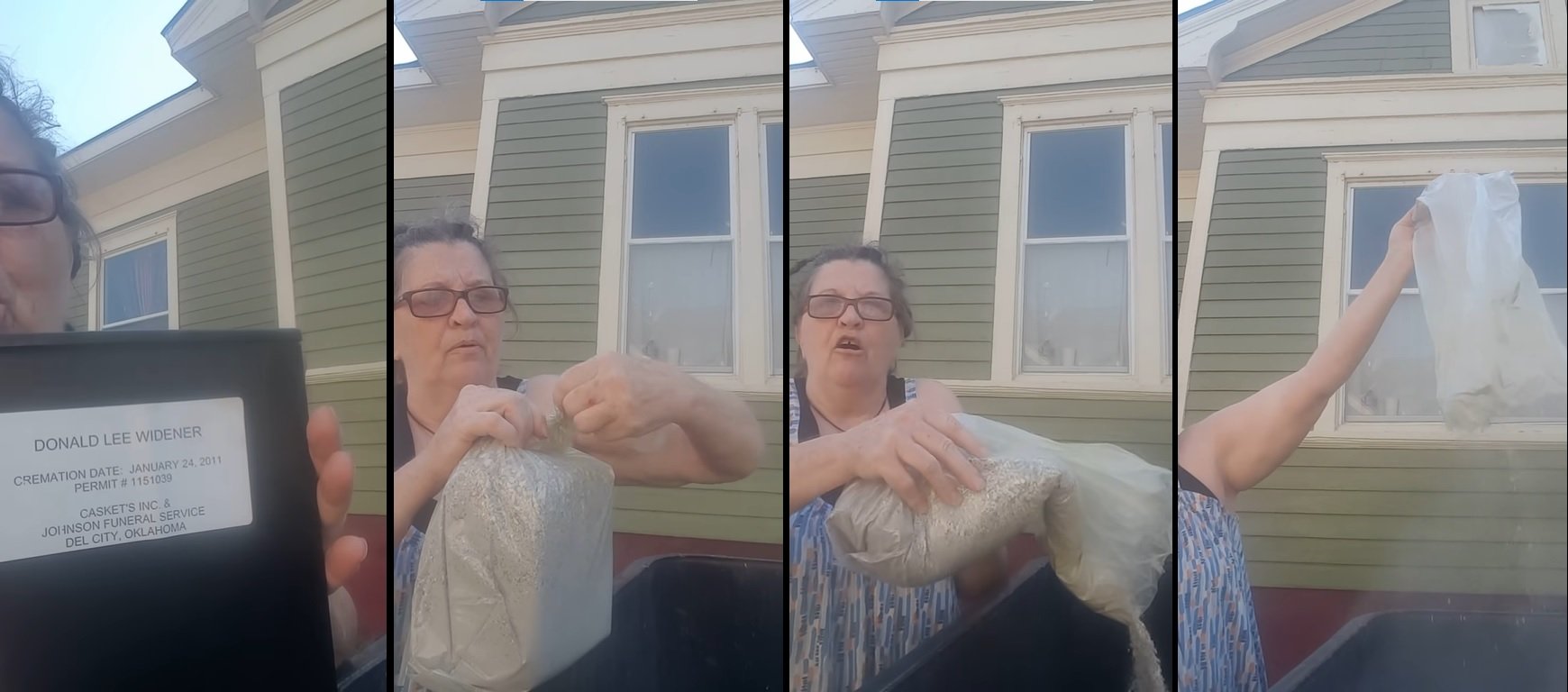 Marsha Widener arroja las cenizas de su difunto esposo a la basura. | Foto: YouTube/Final Goodbye To The Nasty Bastard