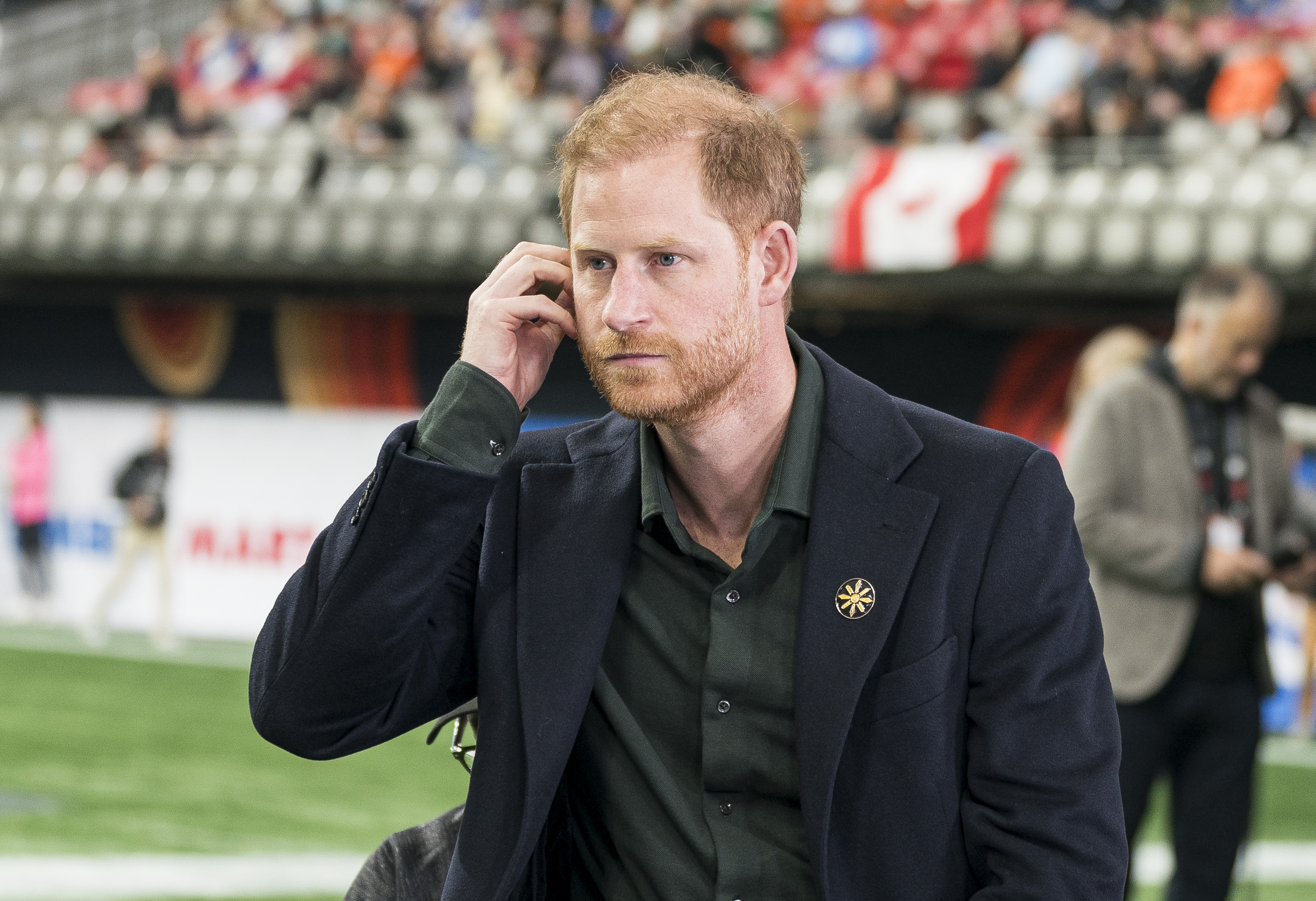 Prince Harry at the start of a TV interview during pre-game festivities before the start of the 2024 Grey Cup in Vancouver, Canada on November 17, 2024. | Source: Getty Images