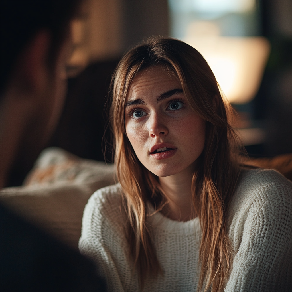 A woman looks shocked while talking to a man | Source: Midjourney