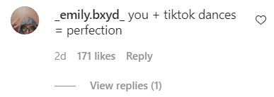 A fan commenting on China Mcclain's tiktok dance video. | Photo: Instagram/Chinamcclain