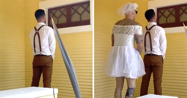 Groom gets ready for the "first-look" and faces a wall as he waits for his bride but his groomsman is sent in her place as a prank | Photo: Tiktok.com/j_fama