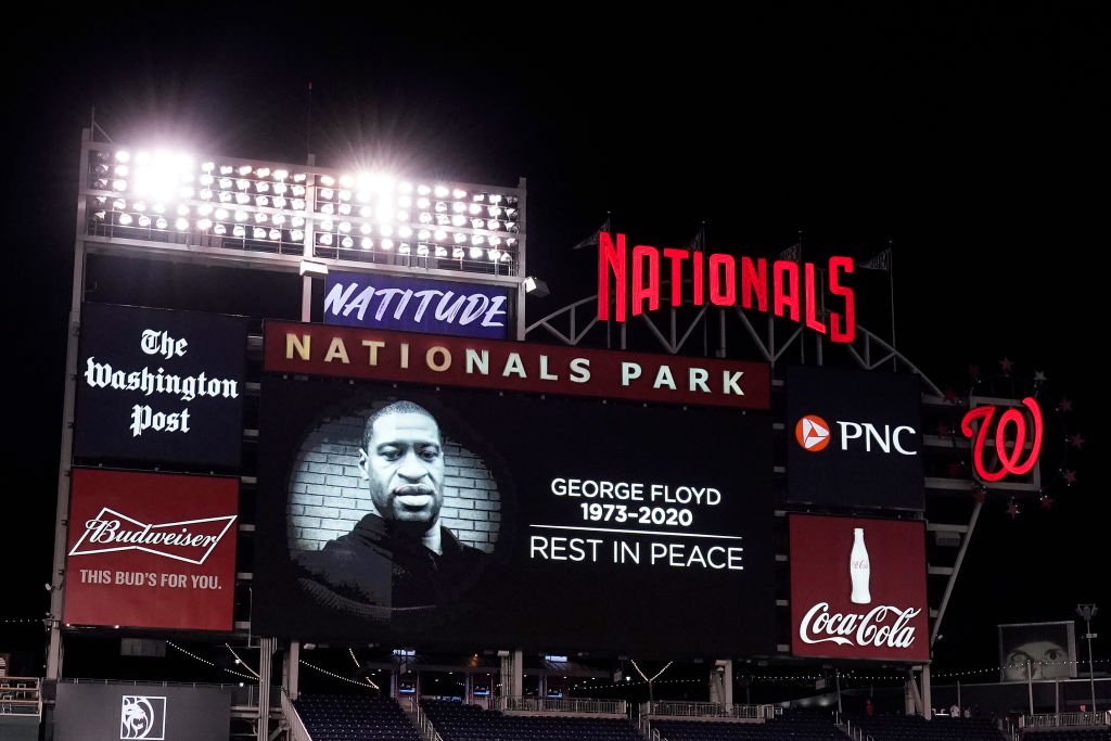 An image honoring George Floyd is shown on the scoreboard after a game between the St. Louis Cardinals and Washington Nationals at Nationals Park on April 20, 2021 | Photo: Getty Images
