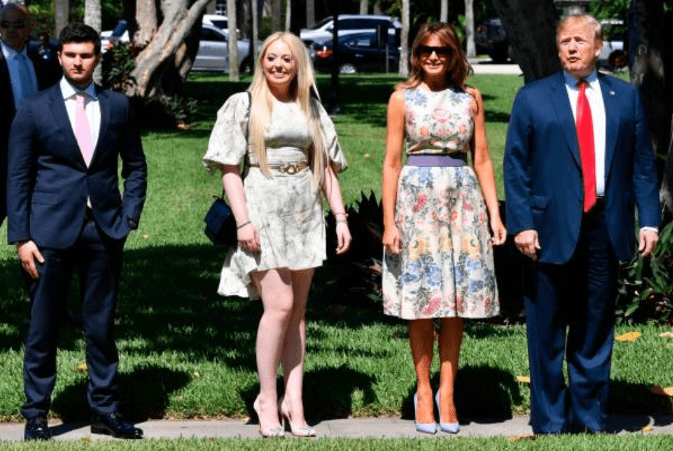 President Donald Trump, Melania Trump, his daughter Tiffany Trump and her boyfriend Michael Boulos arrive at the Bethesda-by-the-Sea church for Easter services in Palm Beach, Florida on April 21, 2019 | Source: NICHOLAS KAMM/AFP via Getty Images