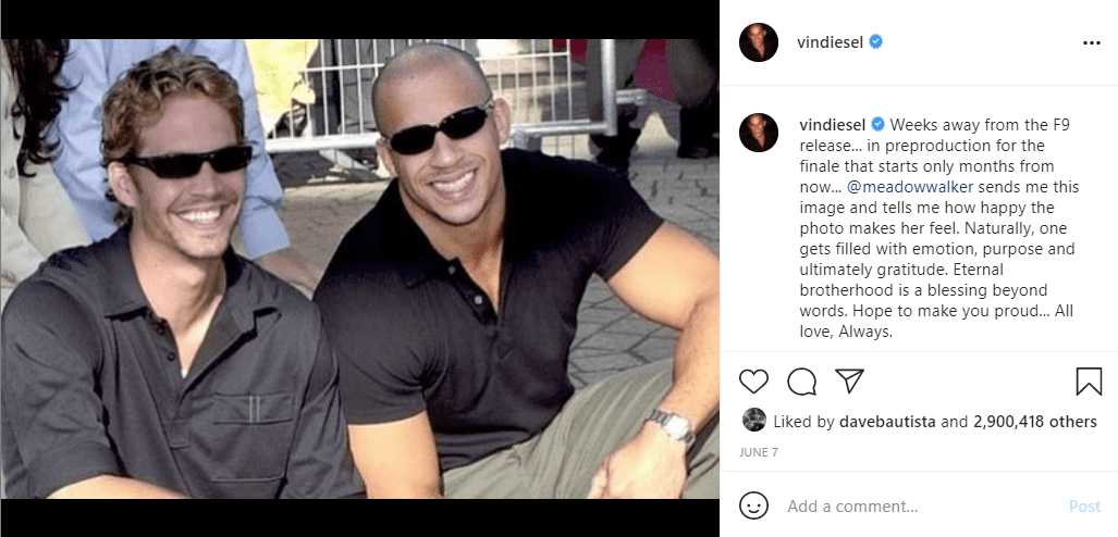 Vin Diesel paying tribute to the late Paul Walker on June 7, 2021, weeks before “F9” is released in the US | Photo: Instagram/@vindiesel