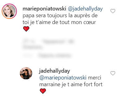 Capture d'écran Instagram du commentaire de Marie Poniatowski sur la publication de Jade hallyday | Photo :jadehallyday/instagram 