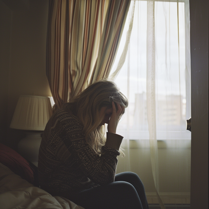 A depressed woman sitting in a hotel room | Source: Midjourney