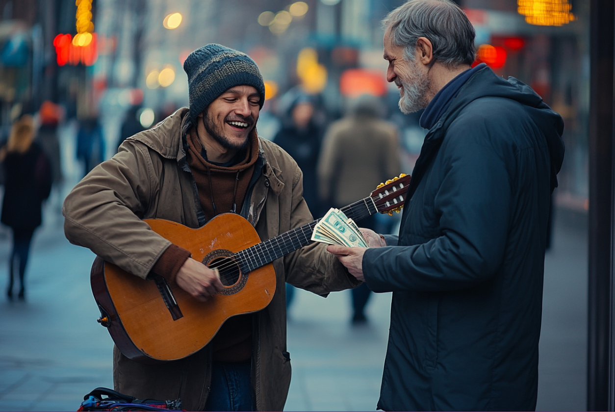 A rich man giving a poor man money | Source: Midjourney