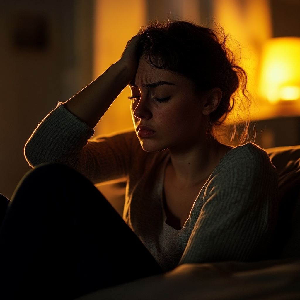 An upset woman sitting on a couch | Source: Midjourney