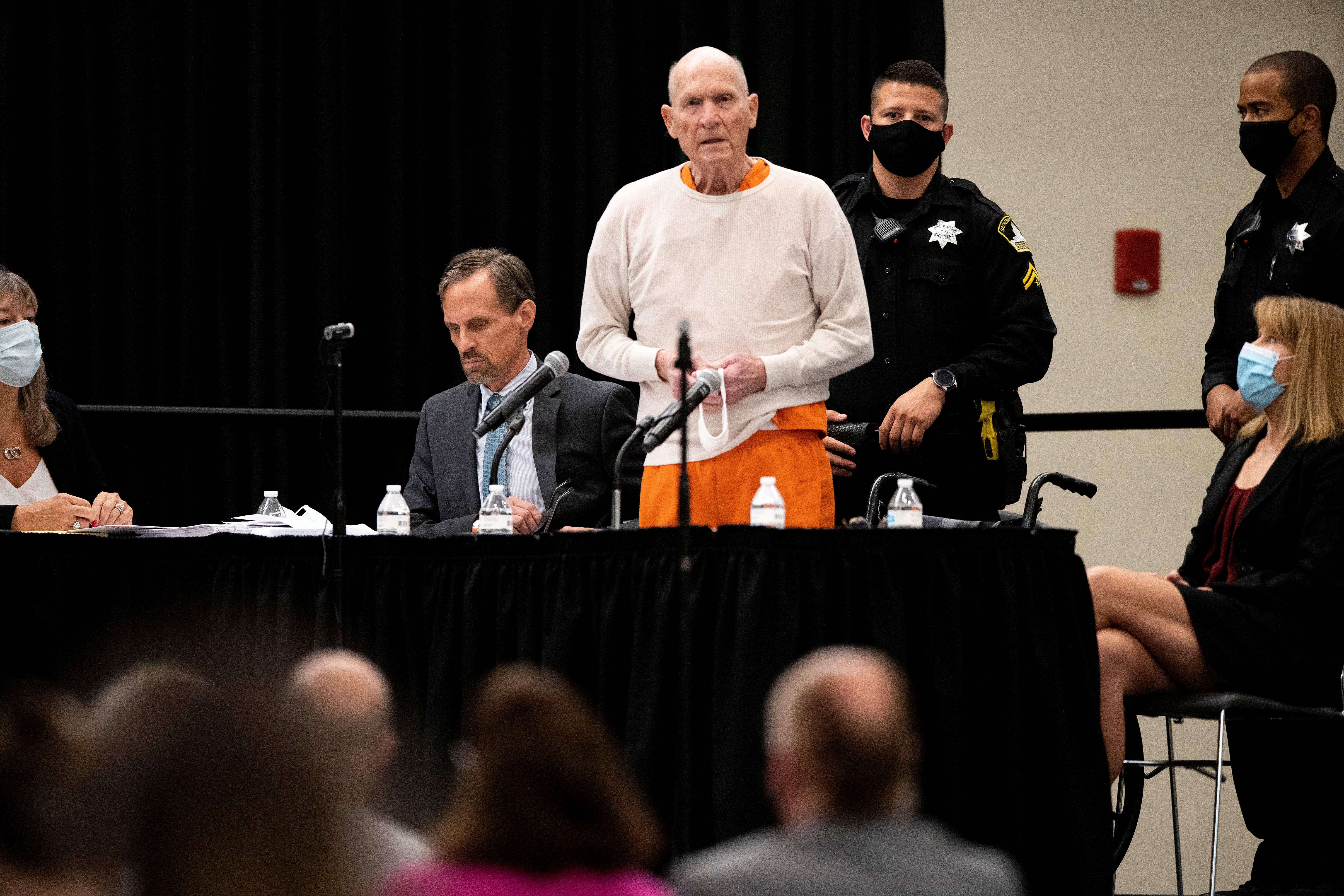 Joseph James DeAngelo is photographed as he speaks at his sentencing hearing held in Sacramento, California, on August 21, 2020. | Source: Getty Images