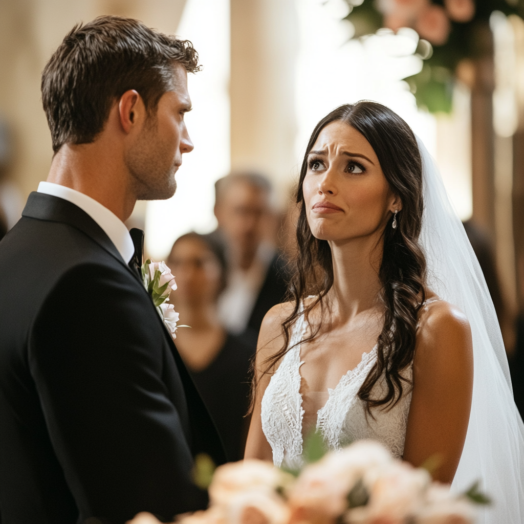 A bride with a doubtful expression as she faces her groom at the altar | Source:  Midjourney