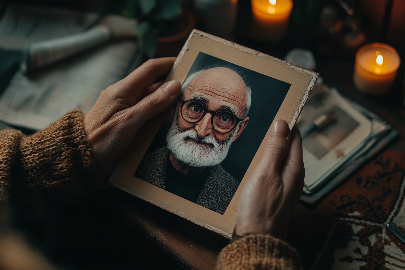 A woman holding her fathers photo | Source: Midjourney