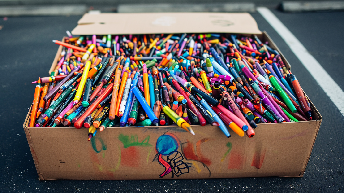 A box of crayons and markers | Source: Midjourney