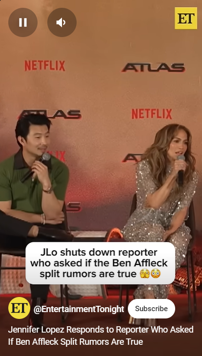 Simu Liu and Jennifer Lopez look at the reporter who asked Lopez about her alleged divorce from Ben Affleck during a press tour for their movie "Atlas" in Mexico City, as seen in a video shared on May 24, 2024. | Source: YouTube/EntertainmentTonight
