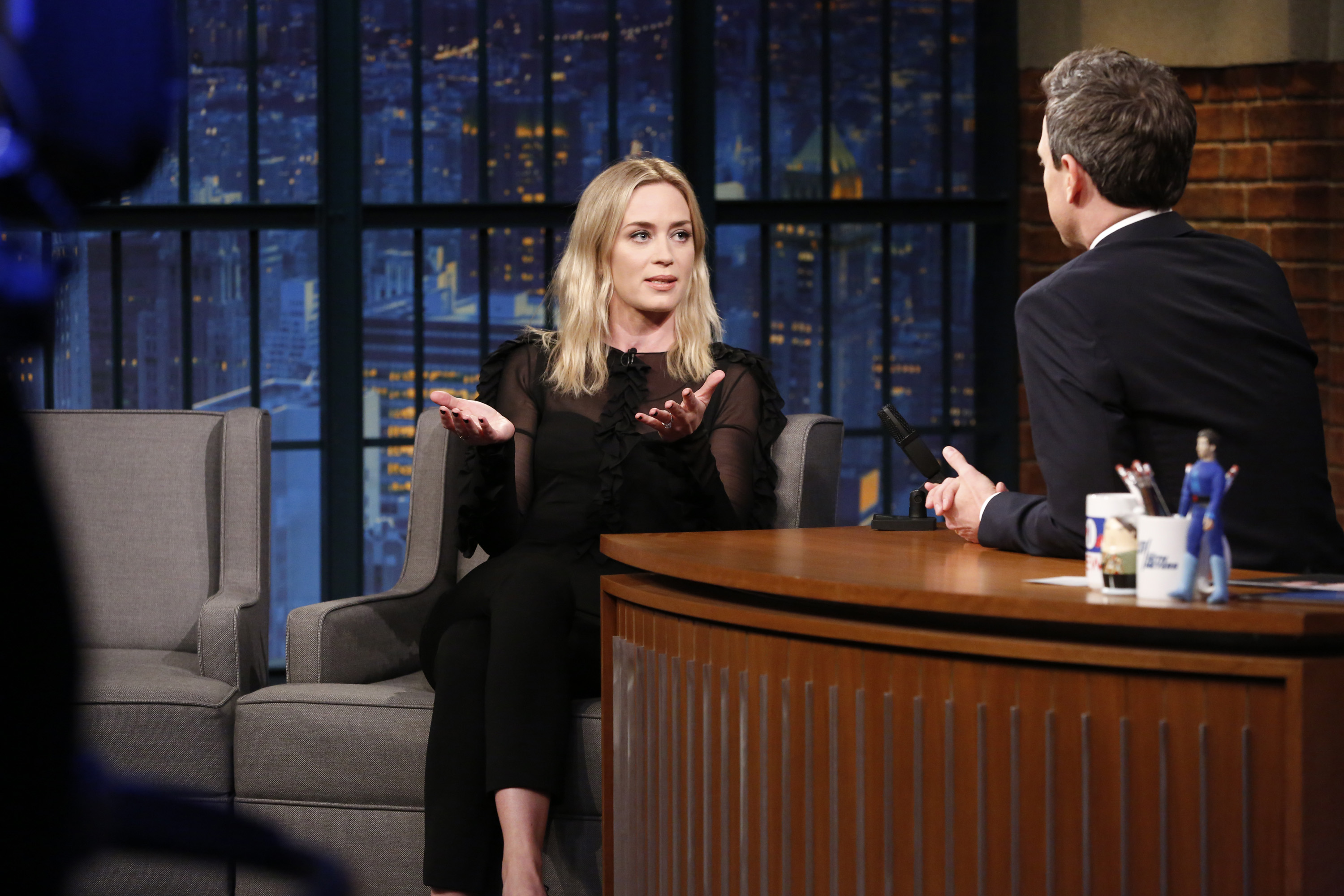 Emily Blunt speaking during her appearance on "Late Night with Seth Meyers" on April 3, 2018 | Source: Getty Images