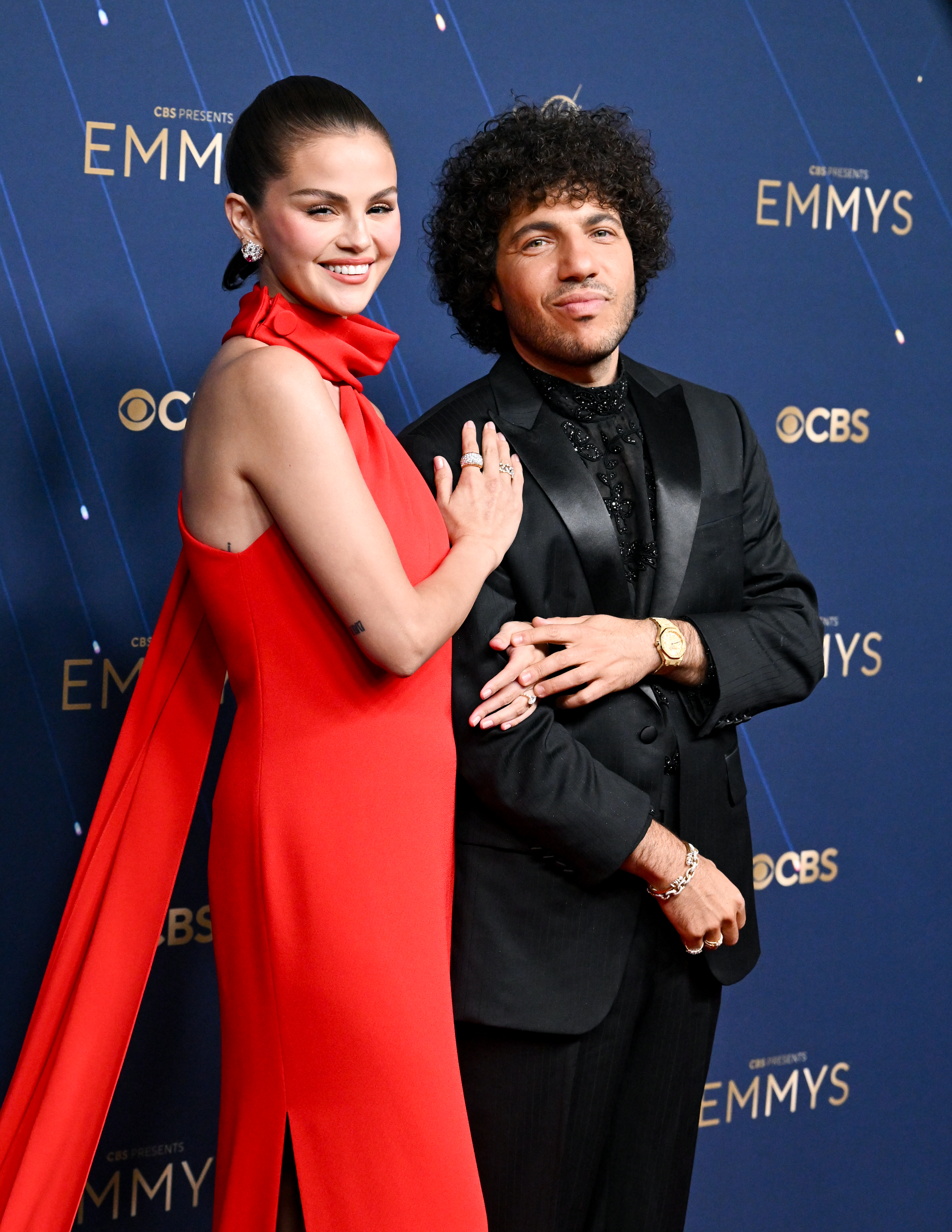 Selena Gomez and her fiance Benny Blanco are at the 77th Primetime Emmy Awards held at the Peacock Theater in Los Angeles, California on September 14, 2025 | Source: Getty Images