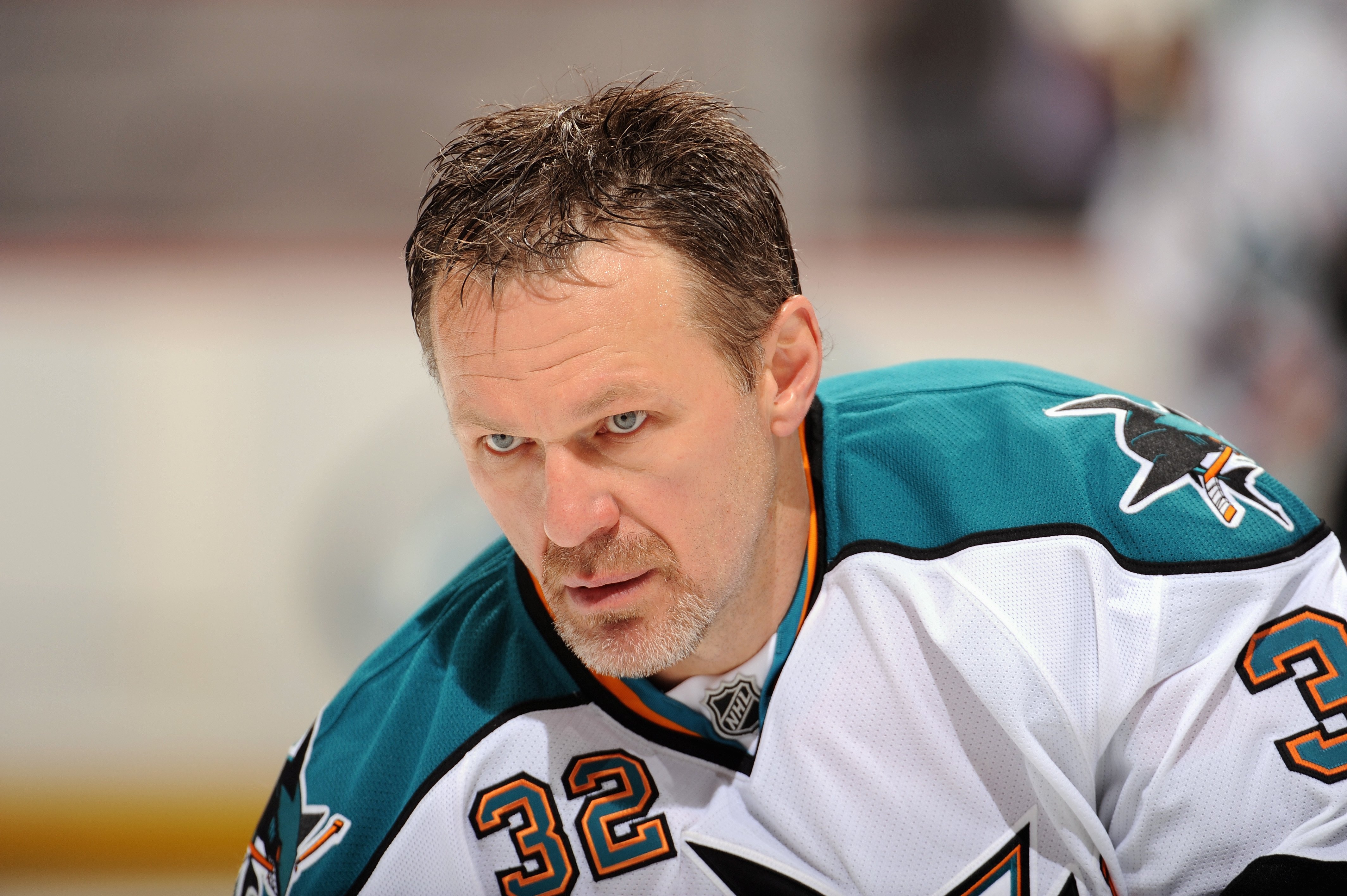 Claude Lemieux of the San Jose Sharks looks on against the Anaheim Ducks during Game Three of the Western Conference Quarterfinal Round of the Stanley Cup Playoffs on April 21, 2009 | Source: Getty Images