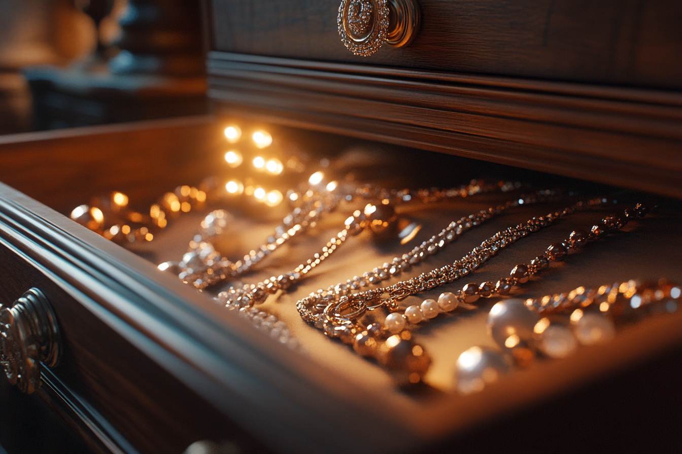 An assortment of jewelry in a drawer | Source: Midjourney